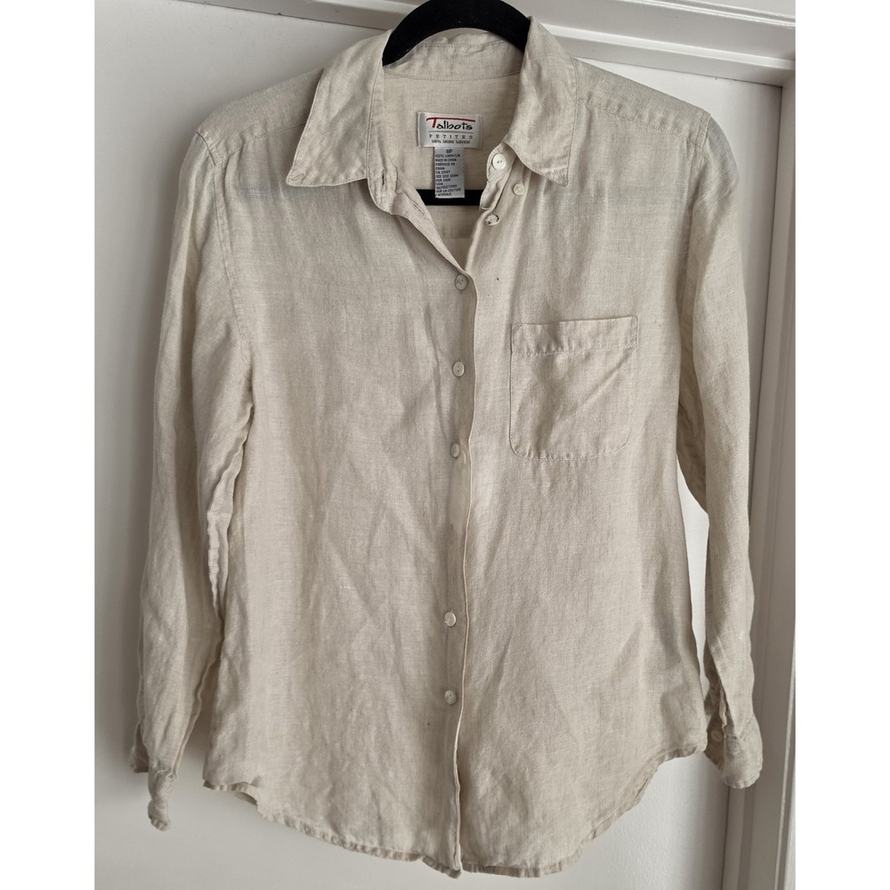 Talbots Button-Down Shirt Womens 8P Beige Linen Collared Long Sleeve Blouse Top
